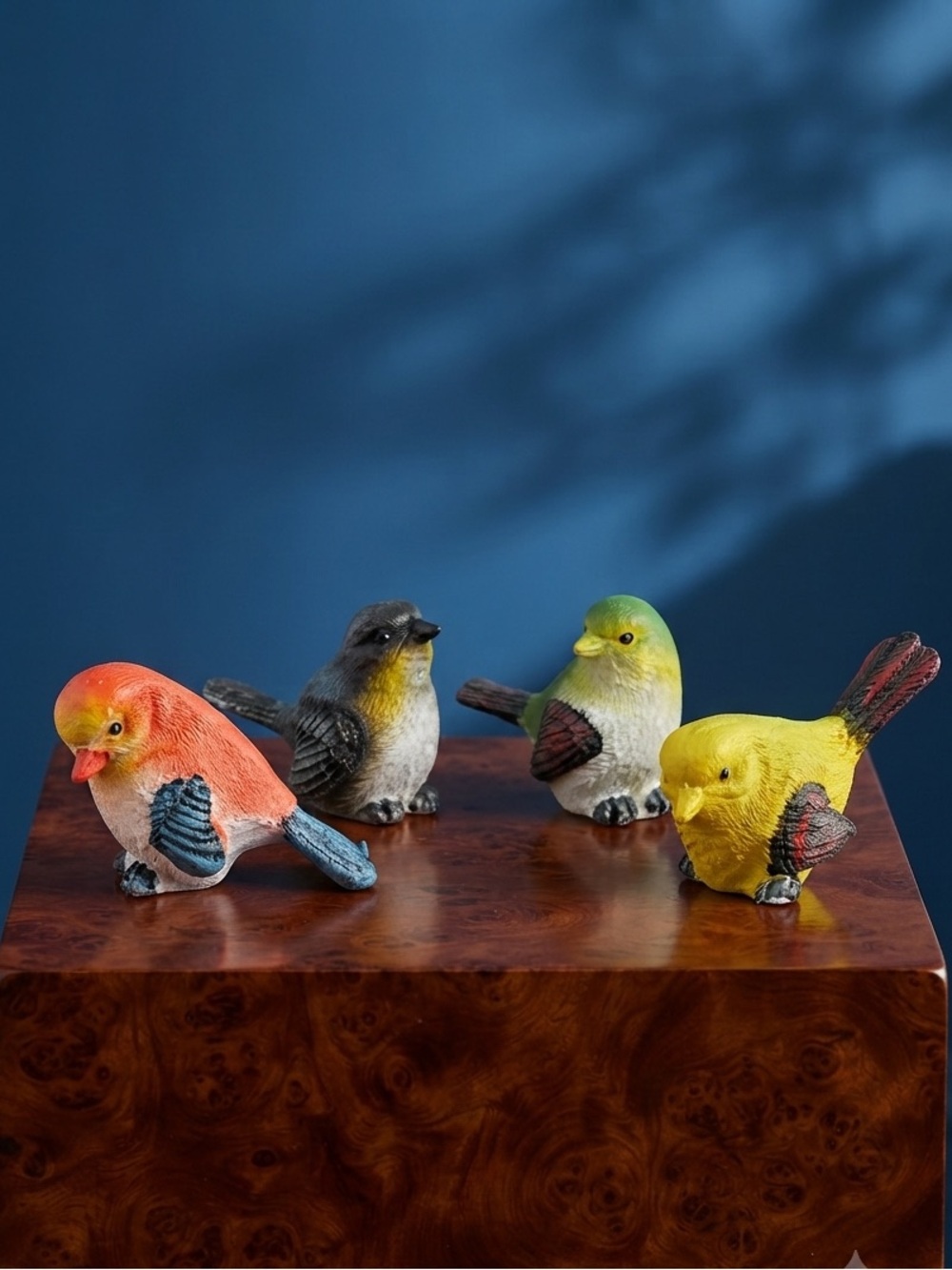 Colorful Decorative Bird Figurines - Yellow, Green, Orange, Gray set of 4